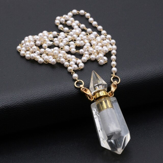 Natural Stone Perfume Bottle Pendant Necklace Charms Rose Quartzs Amethysts Essential Oil Diffuser Pendant Pearl Beads Necklace - LoveHerbsOnTheHill.com