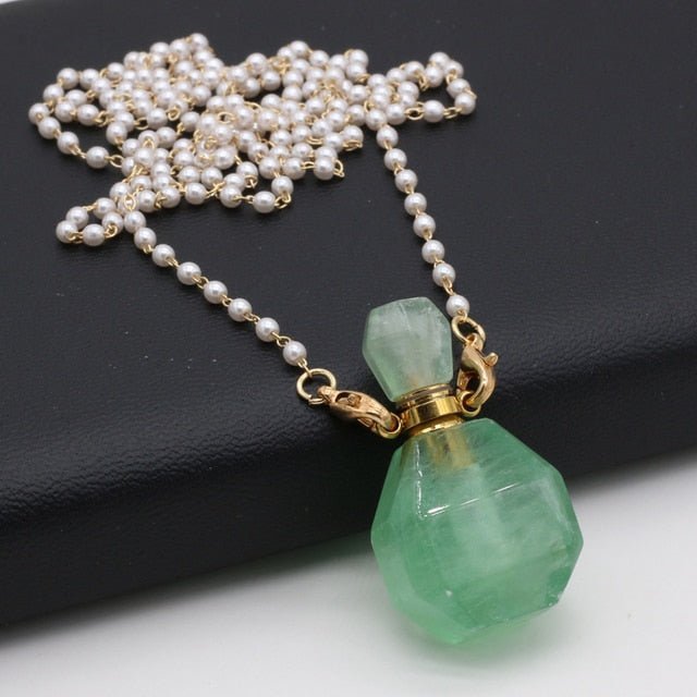 Natural Stone Perfume Bottle Pendant Necklace Charms Rose Quartzs Amethysts Essential Oil Diffuser Pendant Pearl Beads Necklace - LoveHerbsOnTheHill.com