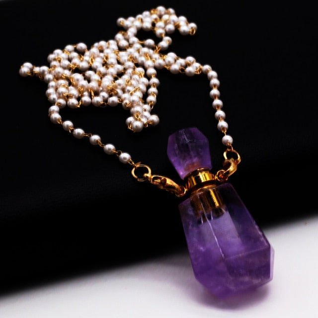 Natural Stone Perfume Bottle Pendant Necklace Charms Rose Quartzs Amethysts Essential Oil Diffuser Pendant Pearl Beads Necklace - LoveHerbsOnTheHill.com