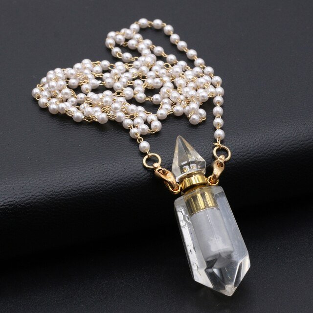 Natural Stone Perfume Bottle Pendant Necklace Charms Rose Quartzs Amethysts Essential Oil Diffuser Pendant Pearl Beads Necklace - LoveHerbsOnTheHill.com