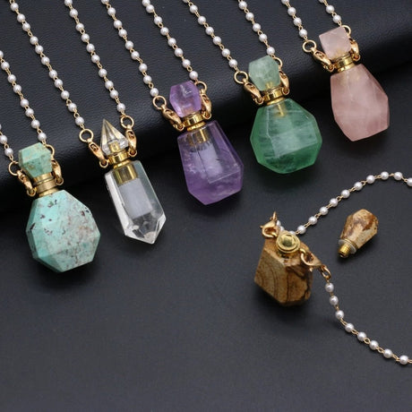 Natural Stone Perfume Bottle Pendant Necklace Charms Rose Quartzs Amethysts Essential Oil Diffuser Pendant Pearl Beads Necklace - LoveHerbsOnTheHill.com